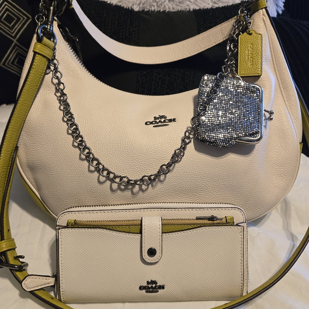 Coach Harley Colorblock Hobo  Cream and Green With Matching Wallet